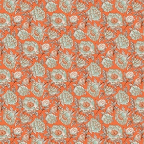 [Medium]Whimsical Peony Blossoms Paradise in orange background, cream and mint, Asian inspired