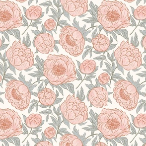 [Medium]Whimsical Peony Blossoms Paradise in earthtone color, cream background, blush pink coral and muted green
