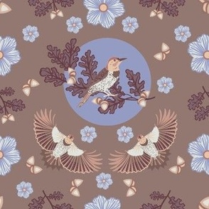 Cottagecore Country Birds, Oak Leaves, Acorns, and Daisies -  Warm Taupe, Rose Taupe and Lavender Colorway