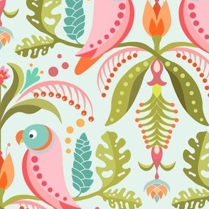 Bright Pastel Tropical Parrots and Floral Symmetry 12in