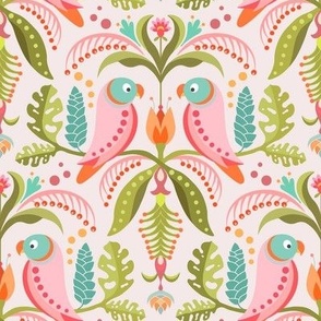 Bright Pastel Tropical Parrots and Floral Symmetry 8in