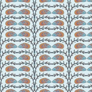 6” repeat handdrawn seaweed and mussels in vertical stripes with faux woven burlap texture orange, blue, sage green on very pale blue