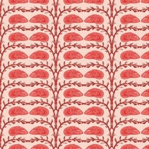 6” repeat handdrawn seaweed and mussels in vertical stripes with faux woven burlap texture in shades of coral orange pink