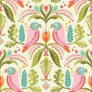Bright Pastel Tropical Parrots and Floral Symmetry 8in