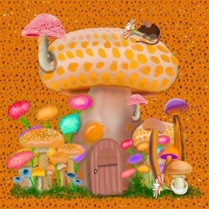 Mushroom Cottage Mouse and Stars on Yellow