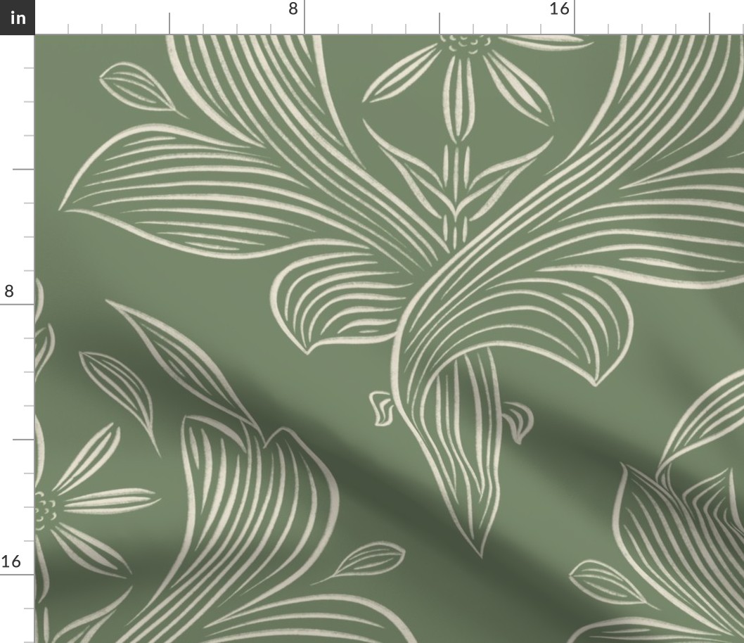 JUMBO classic botanical line art - pale grey chalk_ traditional green