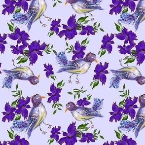 Hand-Painted Purple Birds and Flowers