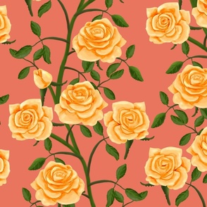 Gold Rose Wall on Coral Pink