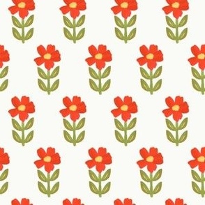 Medium | Red Flower Block Print Folk Flowers on Cream Background