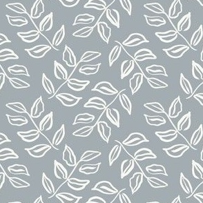 Vintage Modern Ink Leaves in Cream on a Dusty Blue Background.