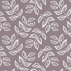 Vintage Modern Ink Leaves in Cream on a Dusty Purple Background.
