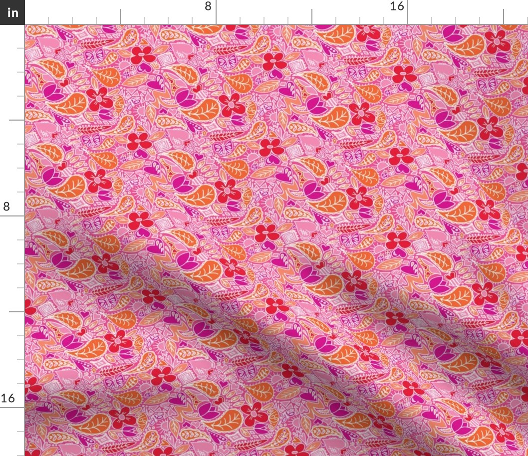 Sun  &  Showers Bring May Flowers /Doodle / white lines Orange,Red,Pink   SMALL   