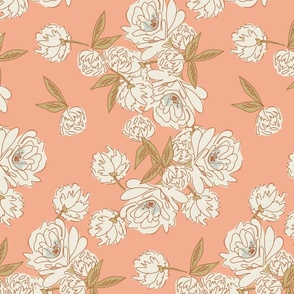 line-drawn-peony-serpentine-floral-1-cream-and rust-on-coral-12in at 300dpi