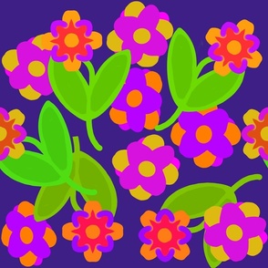Purple Yellow Orange Flowers, Green,  Hand drawn Floral