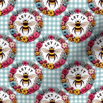 Smaller Let It Be Bumblebees and Flower Wreaths Blue Gingham