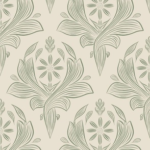 large scale // classic botanical line art - pale grey chalk_ traditional green 02