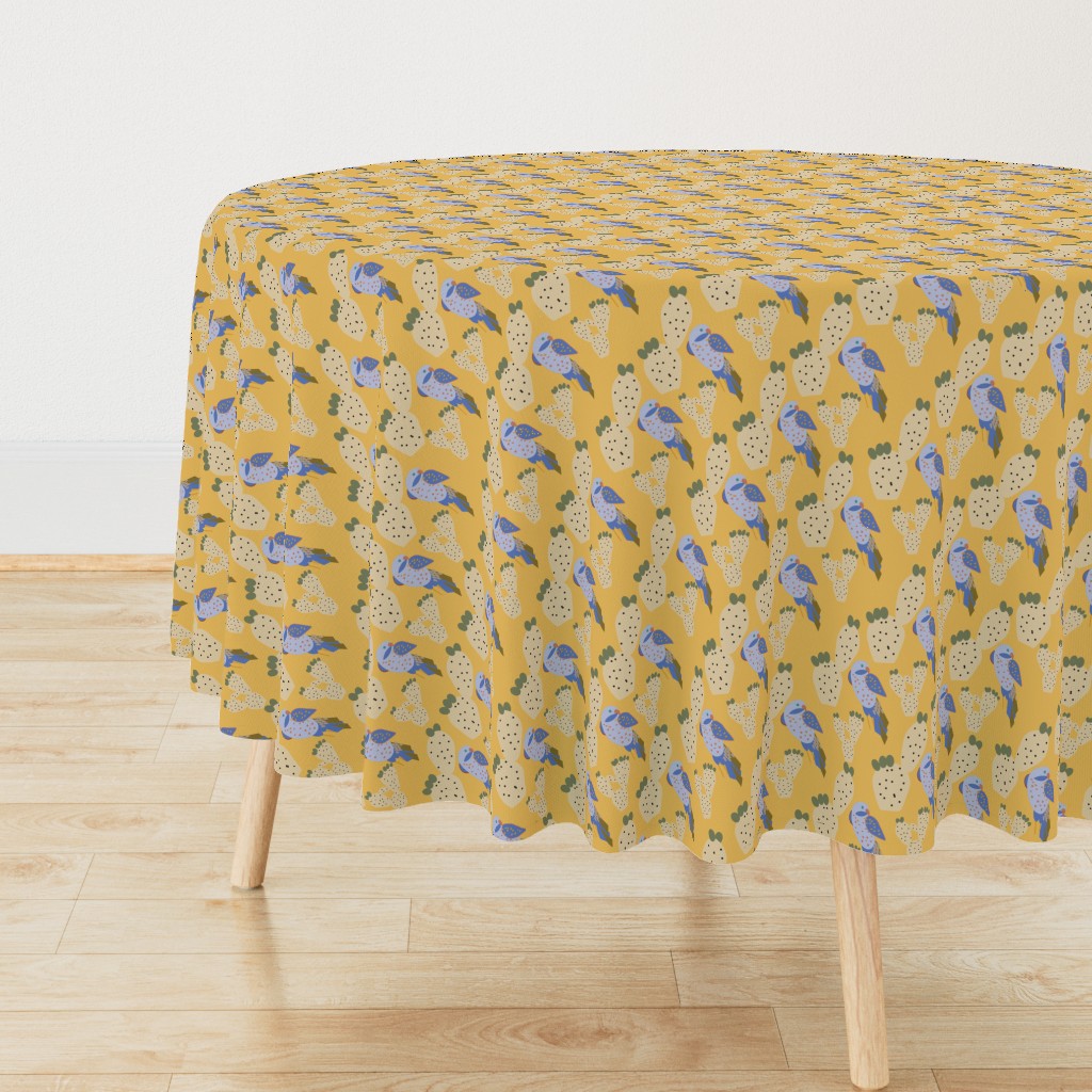 Modern, Sunny Yellow Birds and Cacti Textile Pattern by martibetz