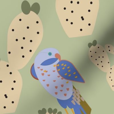 Modern, Sage Green Birds and Cacti Fabric Pattern by martibetz