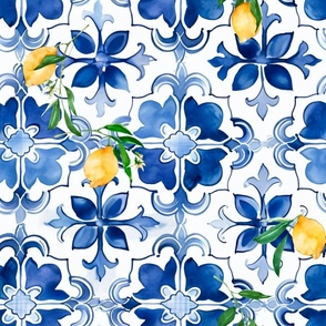 Blue tiles,mosaic,Mediterranean tiles,majolica art ,lemon ,citrus,