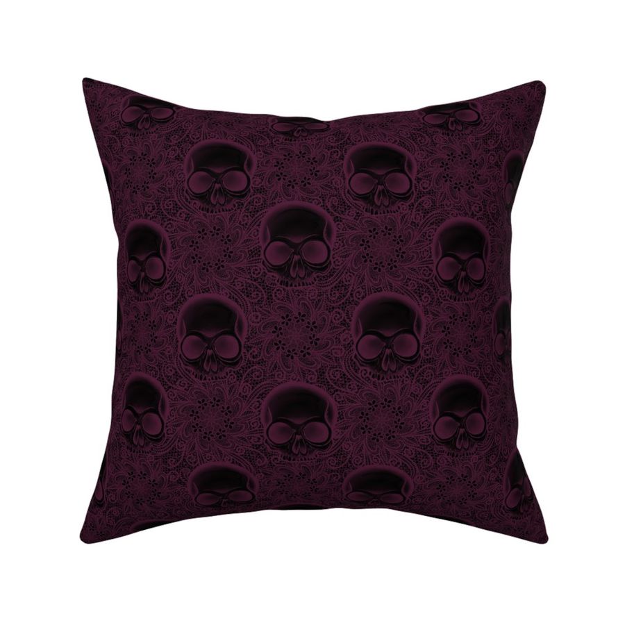  Dark Gothic Flowers And  Skulls In Dark Cerise Pink  And Black