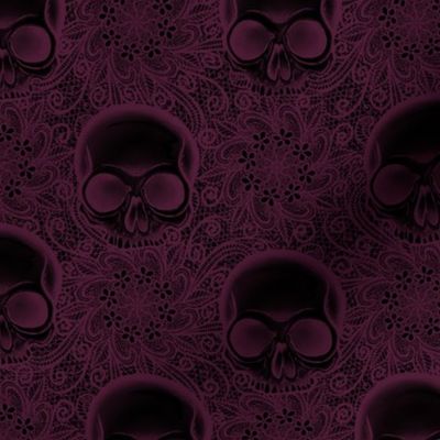  Dark Gothic Flowers And  Skulls In Dark Cerise Pink  And Black