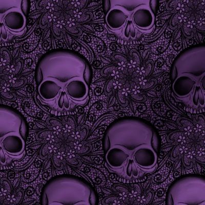  Dark Gothic Flowers And  Skulls In Light Purple And Black