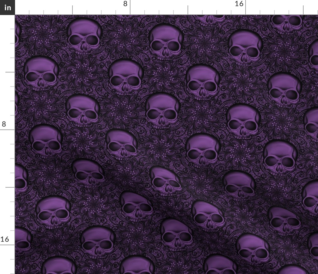  Dark Gothic Flowers And  Skulls In Light Purple And Black