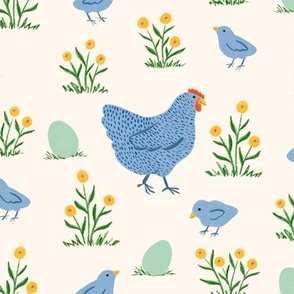 Blue Chickens and Chicks in a Field of Flowers