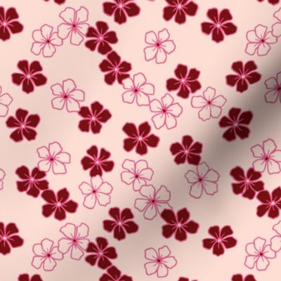 M Ditsy Blossoms Floral_Cream, Dark Red, Pink