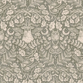 (Large Scale) Night in the Forest Woodland Damask | Antique Pewter Green | Textured Historical Inspired