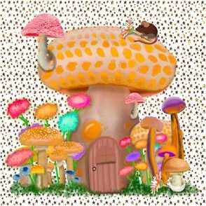 Mushroom Cottage Mouse and Stars on White