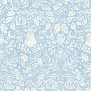 (Large Scale) Night in the Forest Woodland Damask | Pale Blue Fog & Ivory Cream | Textured Historical Inspired