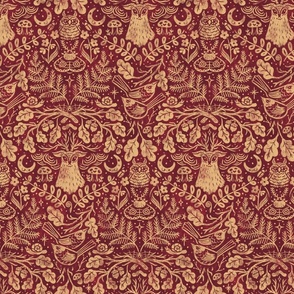 Night in the Forest Woodland Damask | Claret Red Wine & Light Gold | Textured Historical Inspired