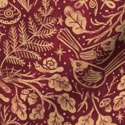 (Large Scale) Night in the Forest Woodland Damask | Claret Wine Red & Light Gold | Textured Historical Inspired