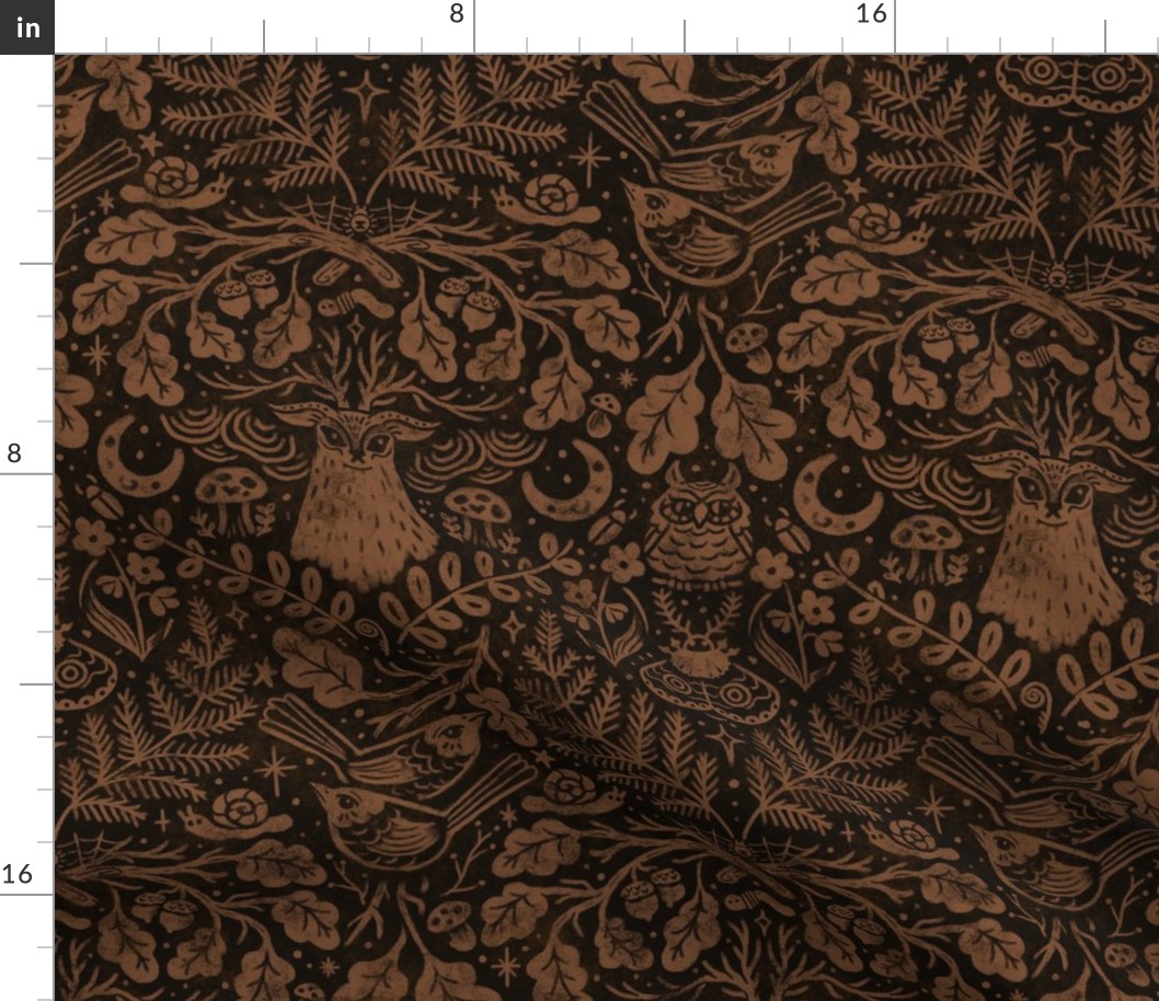 (Large Scale) Night in the Forest Woodland Damask | Bleached Black & Brown | Textured Historical Inspired