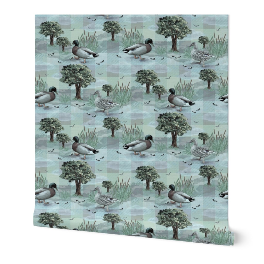 Calming Muted Blue Green Scenic Countryside, Whimsical Nature Artwork, Sweet Duckling Illustration, Modern Gingham Plaid, Playful Ducks Waddling, Cottagecore Living Room, Playful Waddling Duck Family, Sweet Farm Animal Meadow Cottagecore Throw Blanket