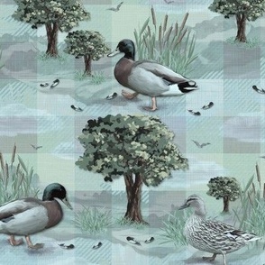 Calming Muted Blue Green Scenic Countryside, Whimsical Nature Artwork, Sweet Duckling Illustration, Modern Gingham Plaid, Playful Ducks Waddling, Cottagecore Living Room, Playful Waddling Duck Family, Sweet Farm Animal Meadow Cottagecore Throw Blanket