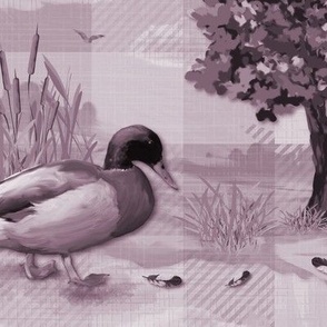 Muted Purple Monochrome Duck Wildlife Decor, Lakehouse Style Bird Art, Modern Whimsical Duck Family, Dark Purple Farmyard Bird Illustration, Painterly Countryside Meadow Cattails Bulrushes, Graceful Swimmers Rural Retreat, Peaceful Country Escape 
