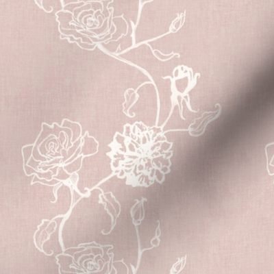 Rosebud trailing floral stripe vertical / cecil bruner rose / hand drawn vintage flowers / subtle floral wallpaper / classical rococo roses / climbing rose striped / blush pink clay off white