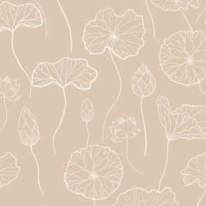 Serene lotus flowers and leaves in white on pale neutral