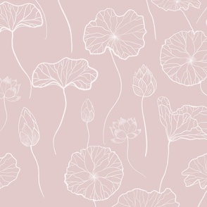 Serene lotus flowers and leaves in white on pale pink
