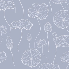 Serene lotus flowers and leaves in white on pale indigo 