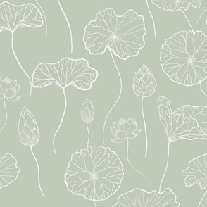 Serene lotus flowers and leaves in white on sage green