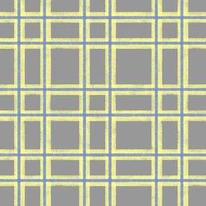 Gray Yellow and denim blue windowpane plaid