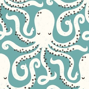 Whimsical Sea Creatures: White Octopuses on a Blueish Green Background