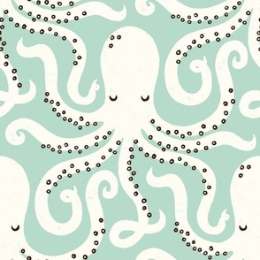 Whimsical Sea Creatures: White Octopuses on a Greenish Blue Background