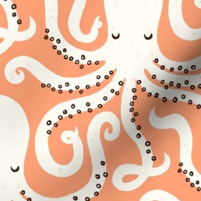 Whimsical Sea Creatures: White Octopuses on a Red Orange Background