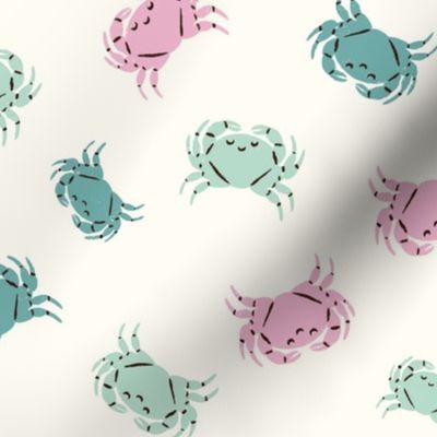 Whimsical Beach Buddies: Pink and Green Crabs on a White Smoke Background