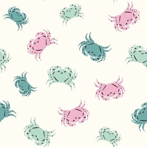 Whimsical Beach Buddies: Pink and Green Crabs on a White Smoke Background