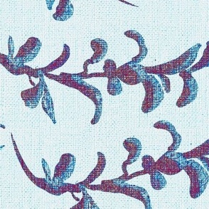 24” repeat handdrawn seaweed tossed and scattered with faux burlap woven texture purple, blue on very pale blue